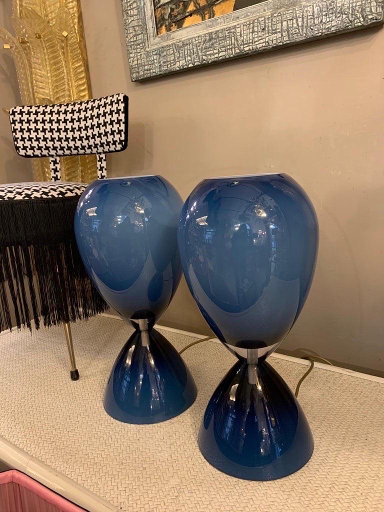 Pair of Blue Overlay Blown Glass Murano Hourglass Table Lamps, 1950s For Sale 5
