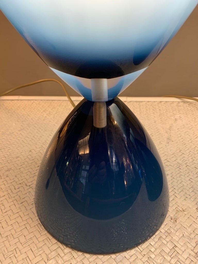Pair of Blue Overlay Blown Glass Murano Hourglass Table Lamps, 1950s For Sale 6