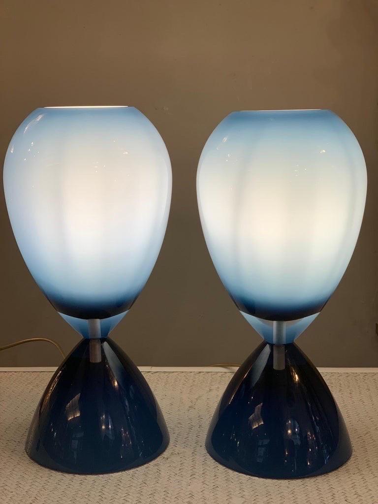 Pair of Blue Overlay Blown Glass Murano Hourglass Table Lamps, 1950s For Sale 7