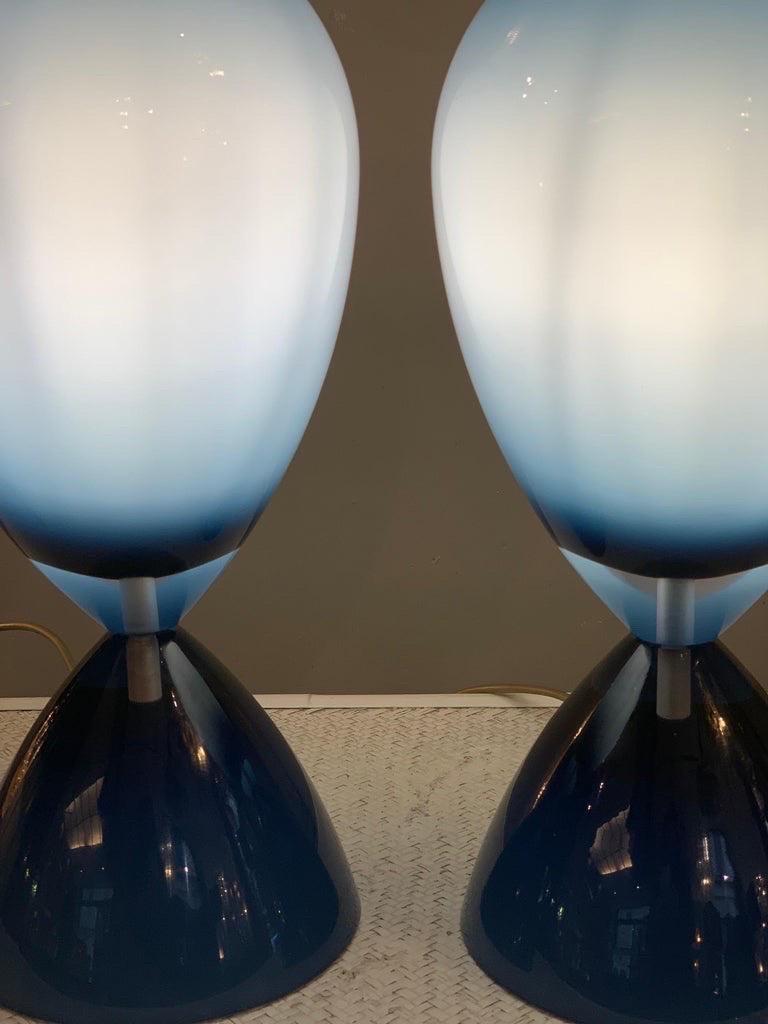 Pair of Blue Overlay Blown Glass Murano Hourglass Table Lamps, 1950s For Sale 9