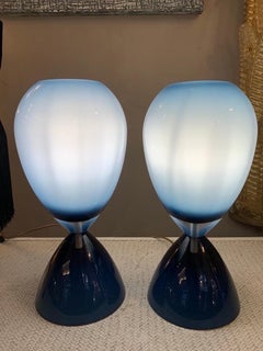 Pair of Blue Overlay Blown Glass Murano Hourglass Table Lamps, 1950s