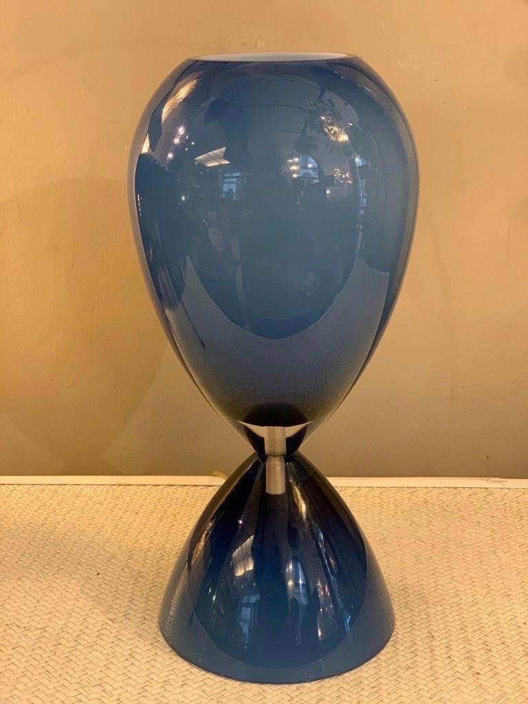 Mid-20th Century Pair of Blue Overlay Blown Glass Murano Hourglass Table Lamps, 1950s For Sale