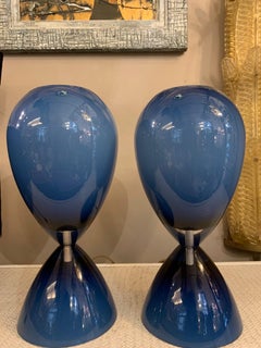 Pair of Blue Overlay Blown "Incamiciato" Glass Murano Glass Table Lamps, 1950s