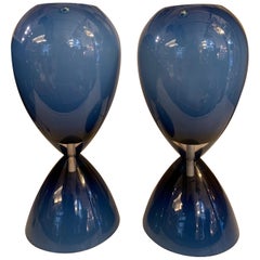 Pair of Blue Overlay Blown "Incamiciato" Glass Murano Glass Table Lamps, 1950s