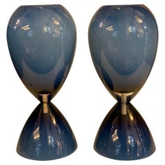 Pair of Blue Overlay Blown "Incamiciato" Glass Murano Glass Table Lamps, 1950s
