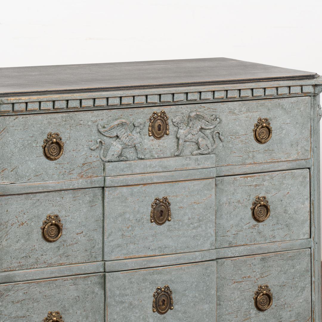 Pair of Blue Painted Chest of Three Drawers With Griffins, Sweden circa 1840-60 For Sale 3