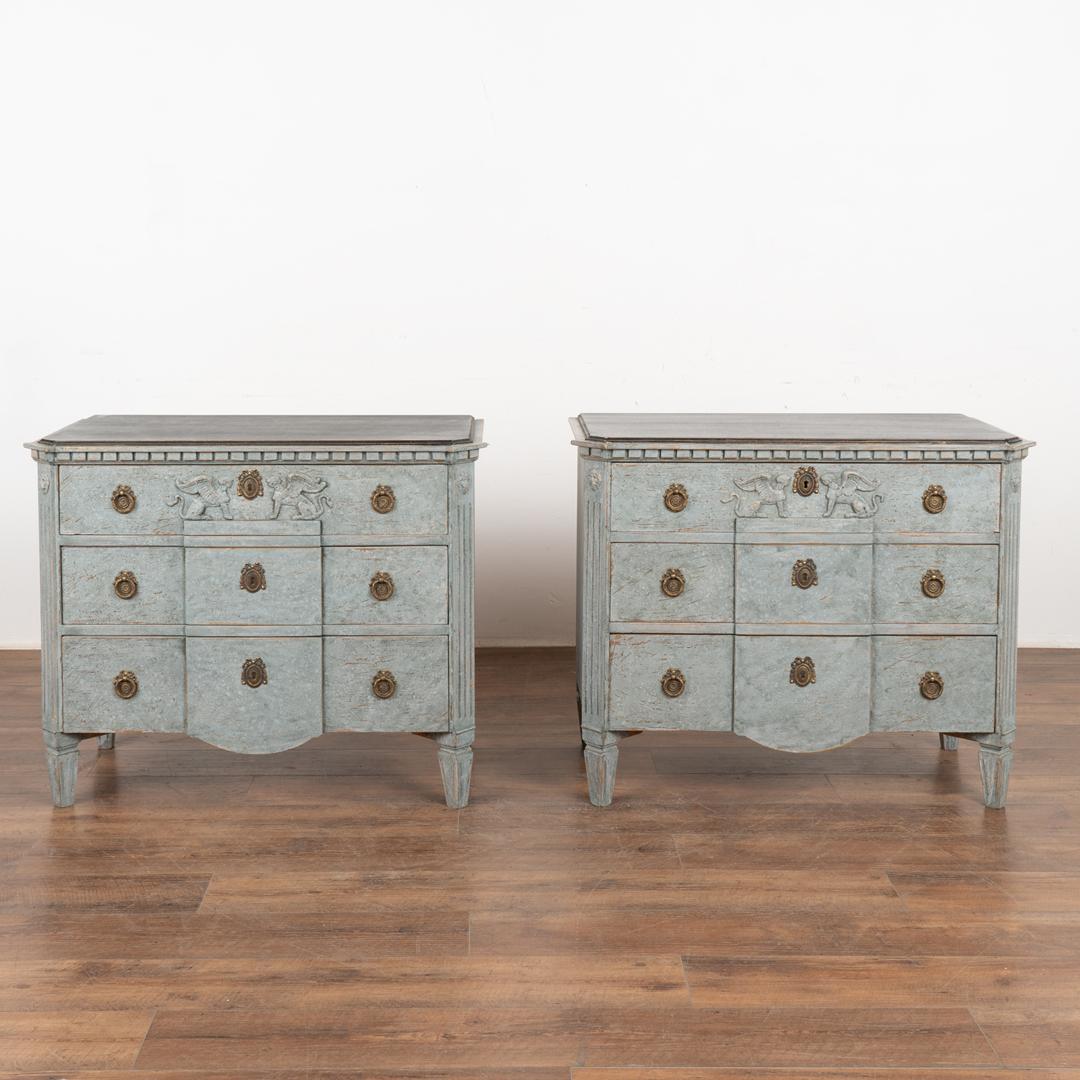 Swedish Pair of Blue Painted Chest of Three Drawers With Griffins, Sweden circa 1840-60 For Sale