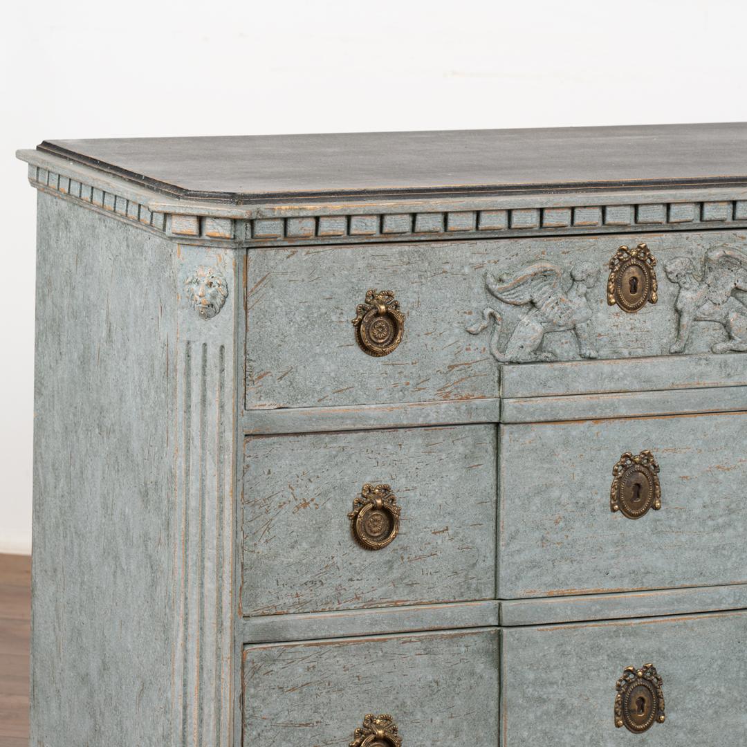 Brass Pair of Blue Painted Chest of Three Drawers With Griffins, Sweden circa 1840-60 For Sale