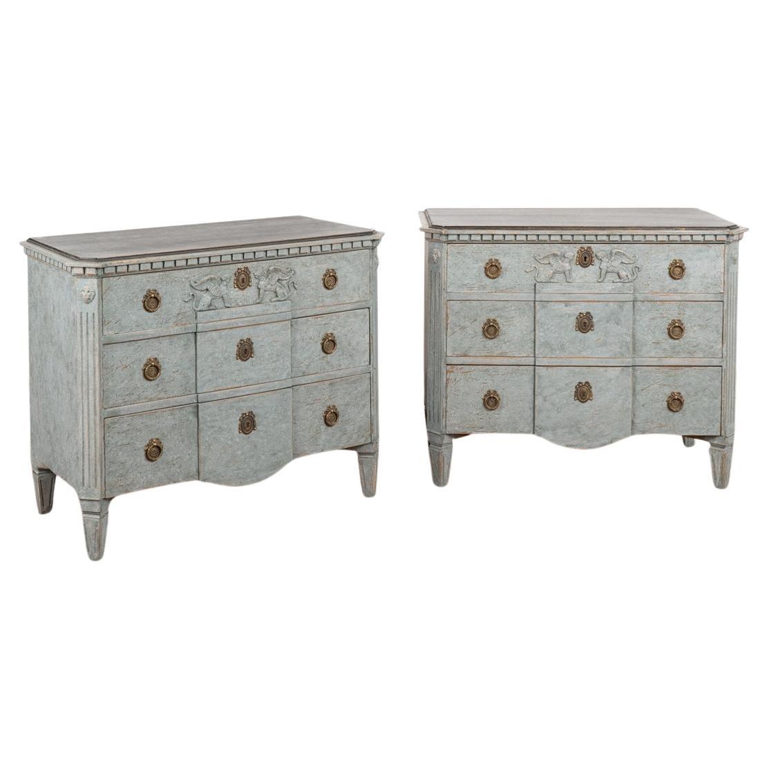 Pair of Blue Painted Chest of Three Drawers With Griffins, Sweden circa 1840-60 For Sale