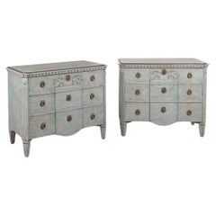 Antique Pair of Blue Painted Chest of Three Drawers With Griffins, Sweden circa 1840-60