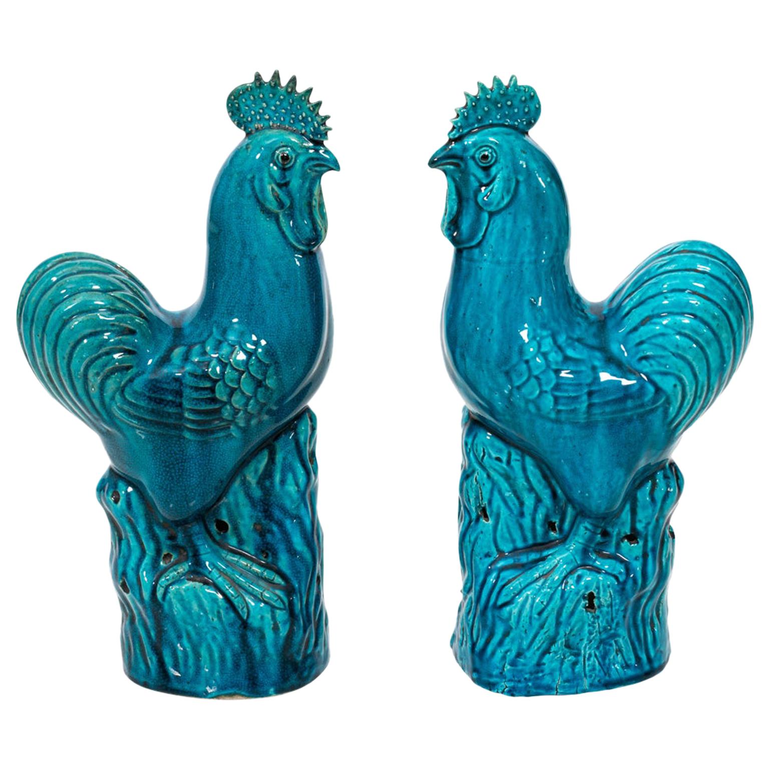 Pair of Blue Painted Chinese Rooster Statues For Sale