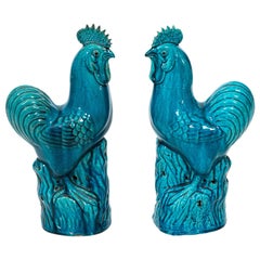Pair of Blue Painted Chinese Rooster Statues