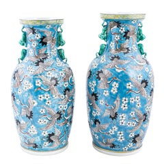 Pair of Blue Painted Crane Vases