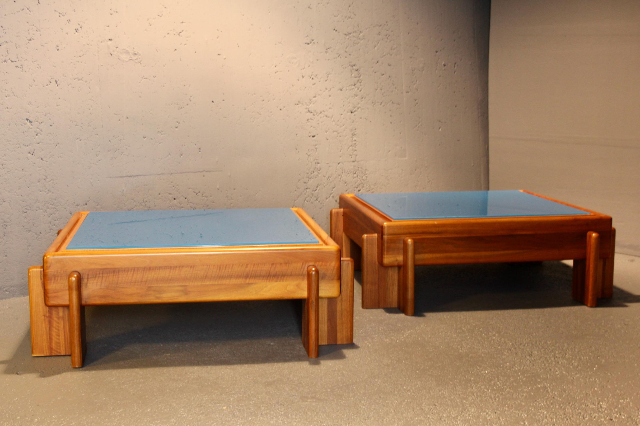 Pair of blue painted glass and wood Afra and Tobia Scarpa style For Sale 4