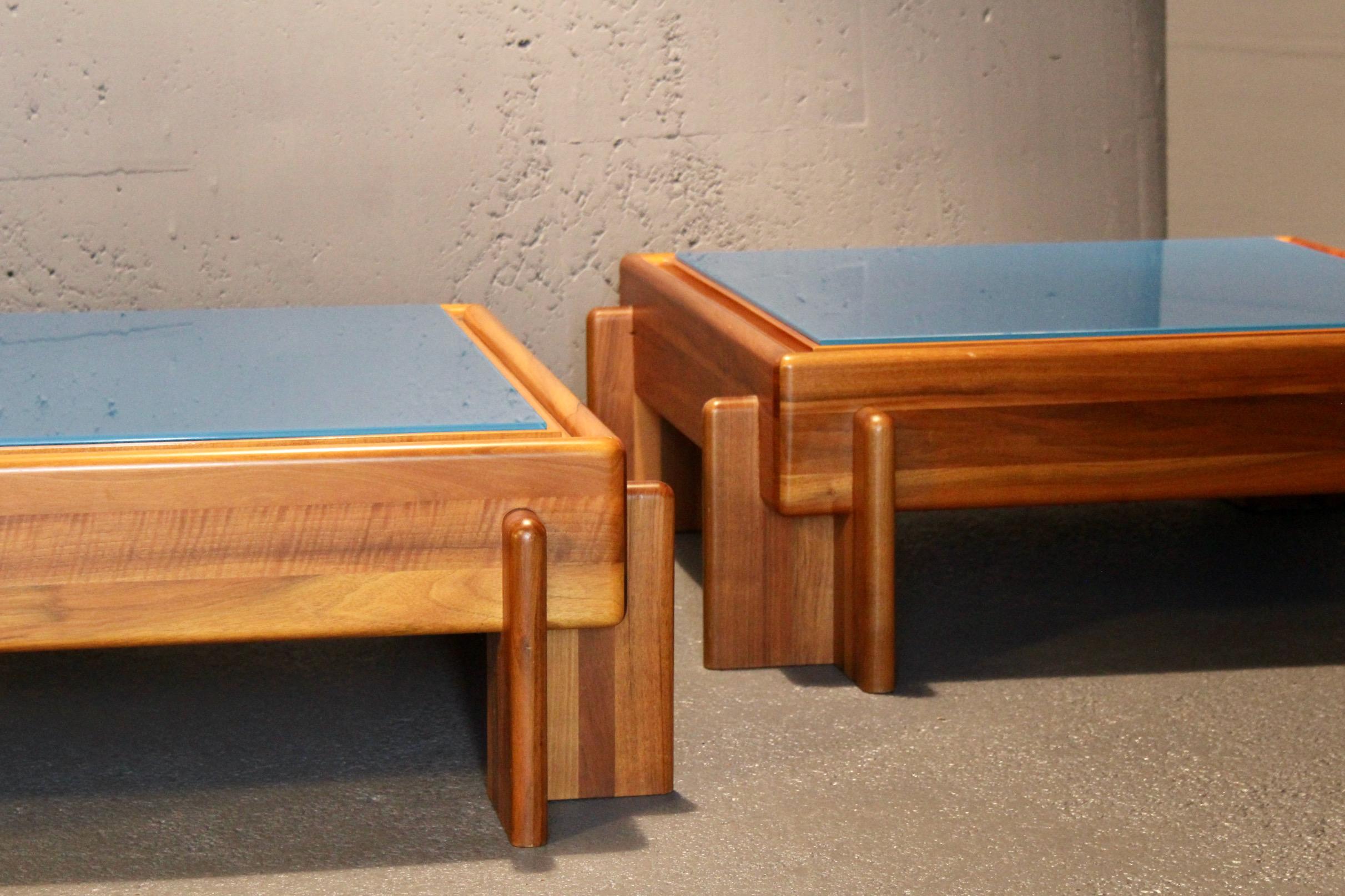 Pair of blue painted glass and wood Afra and Tobia Scarpa style For Sale 6