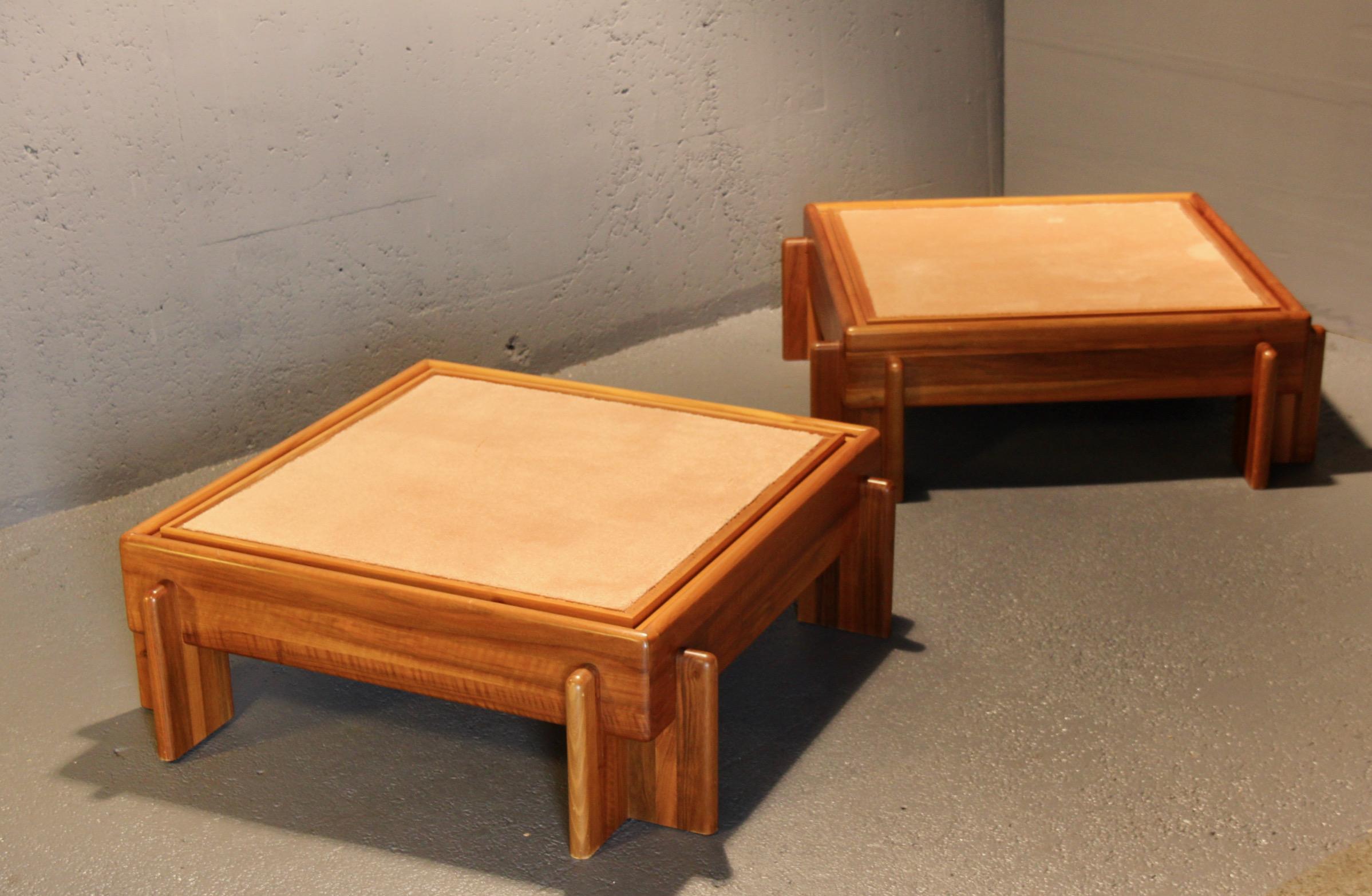 Pair of blue painted glass and wood side table in the style of Afra and Tobia Scarpa style