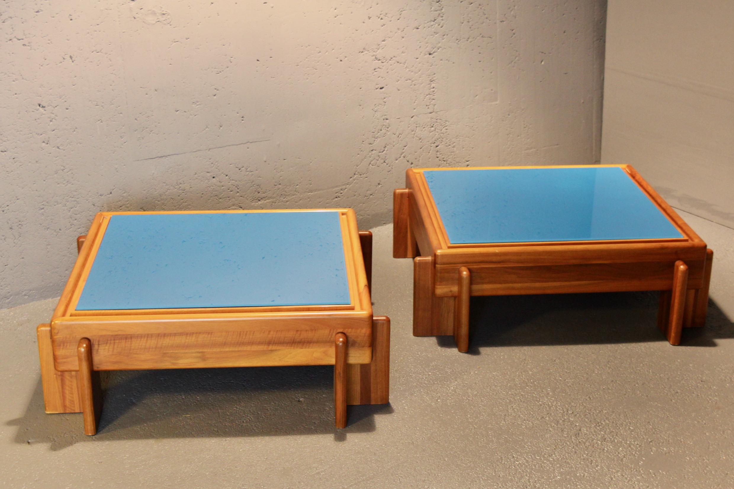 Pair of blue painted glass and wood Afra and Tobia Scarpa style For Sale 1