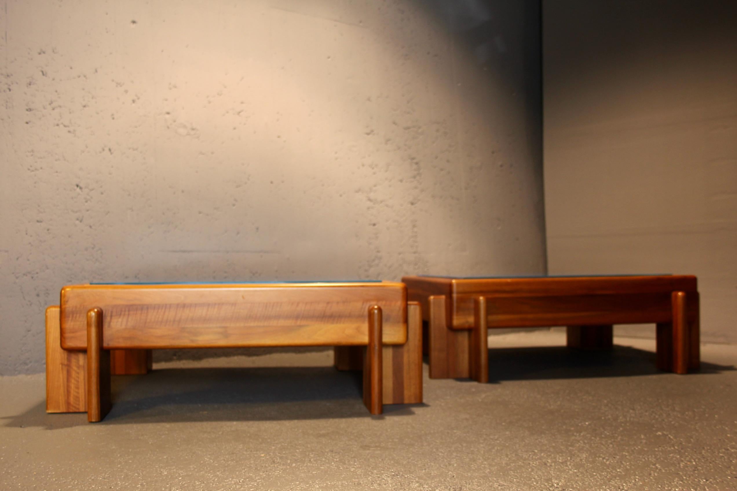 Pair of blue painted glass and wood Afra and Tobia Scarpa style For Sale 2