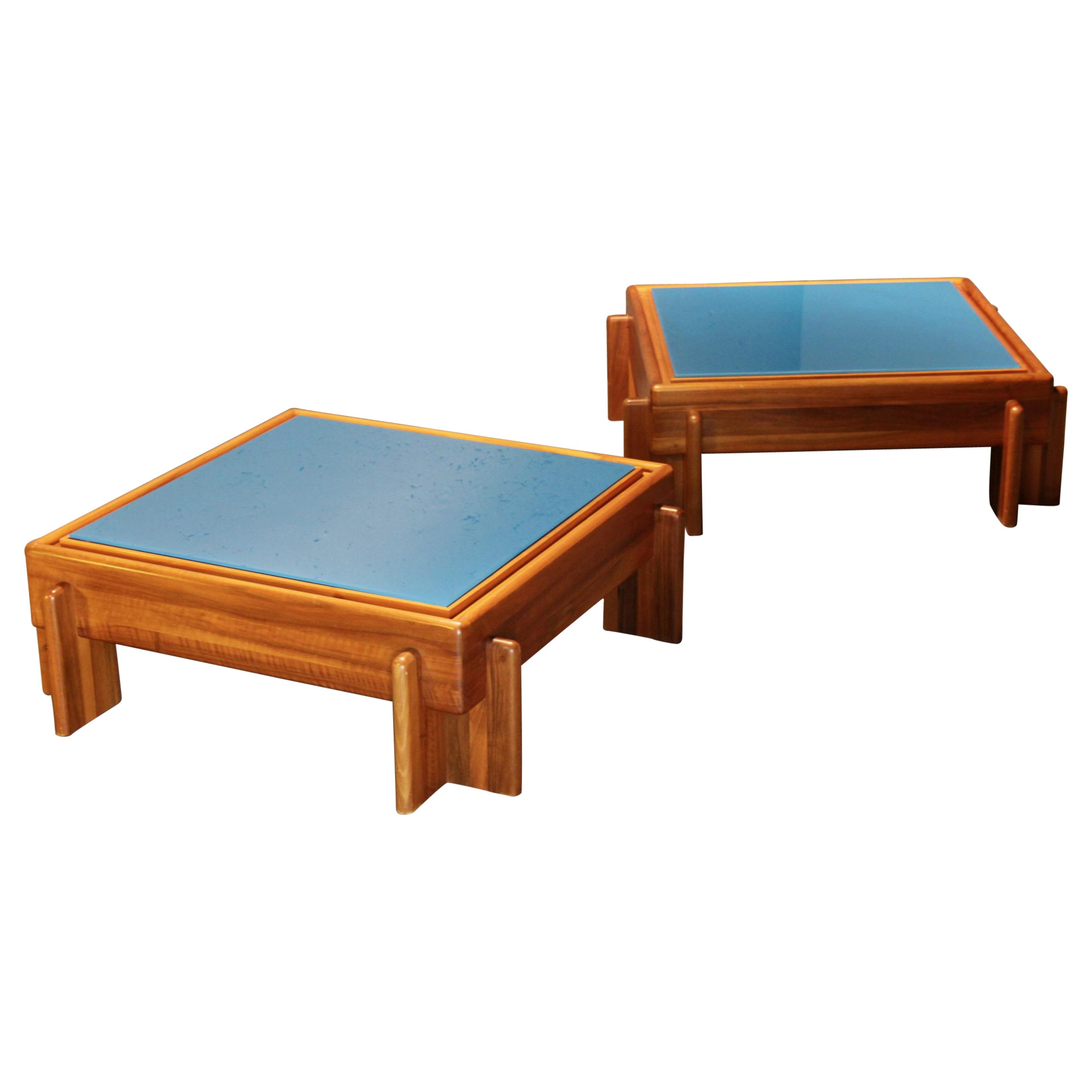 Pair of blue painted glass and wood Afra and Tobia Scarpa style For Sale