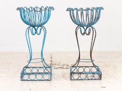 Pair of Blue Painted Iron Pedestal and Basket Planters, 1960s France