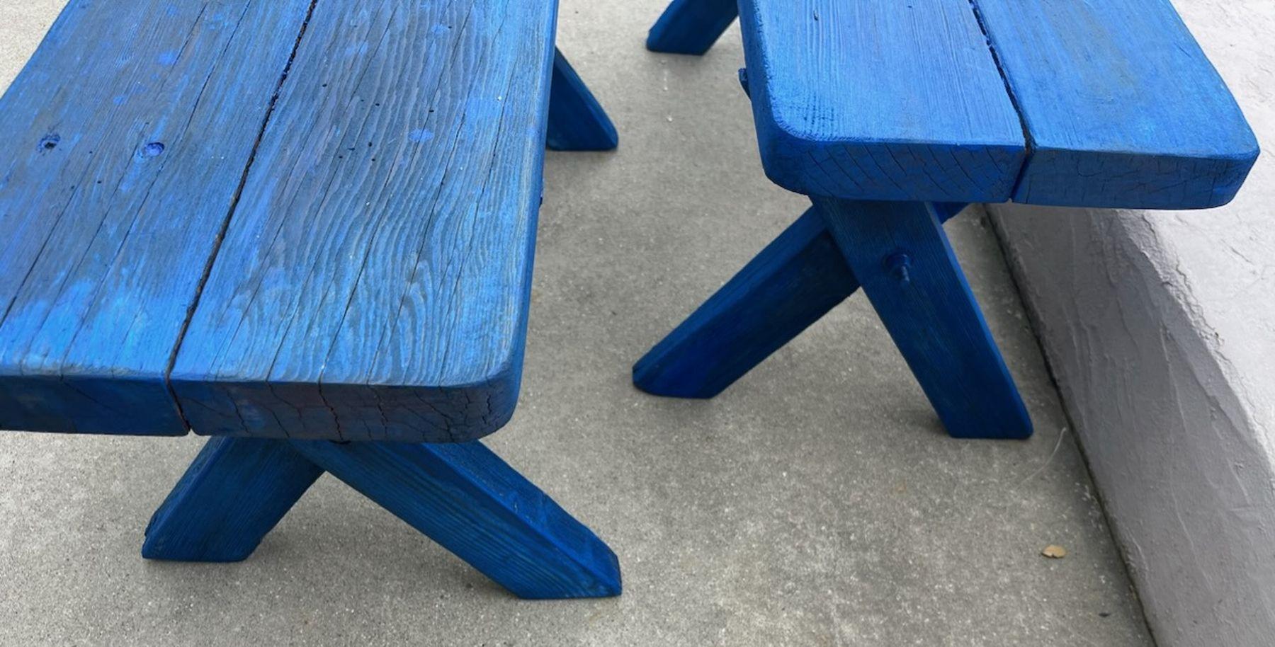 American Pair of Blue painted Picnic Benches For Sale