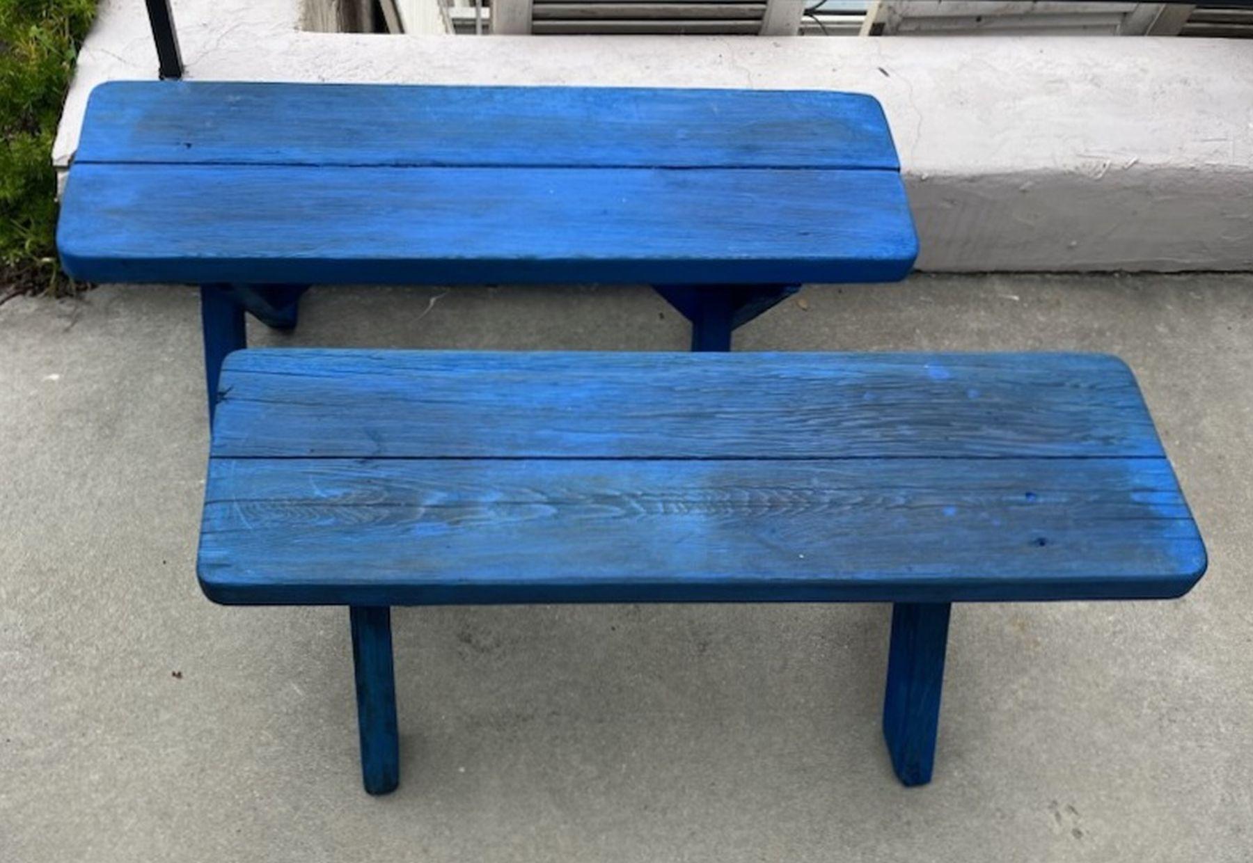 Hand-Painted Pair of Blue painted Picnic Benches For Sale