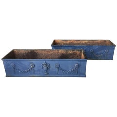 Pair of Blue Painted Rectangular French Iron Jardinières, 19th Century