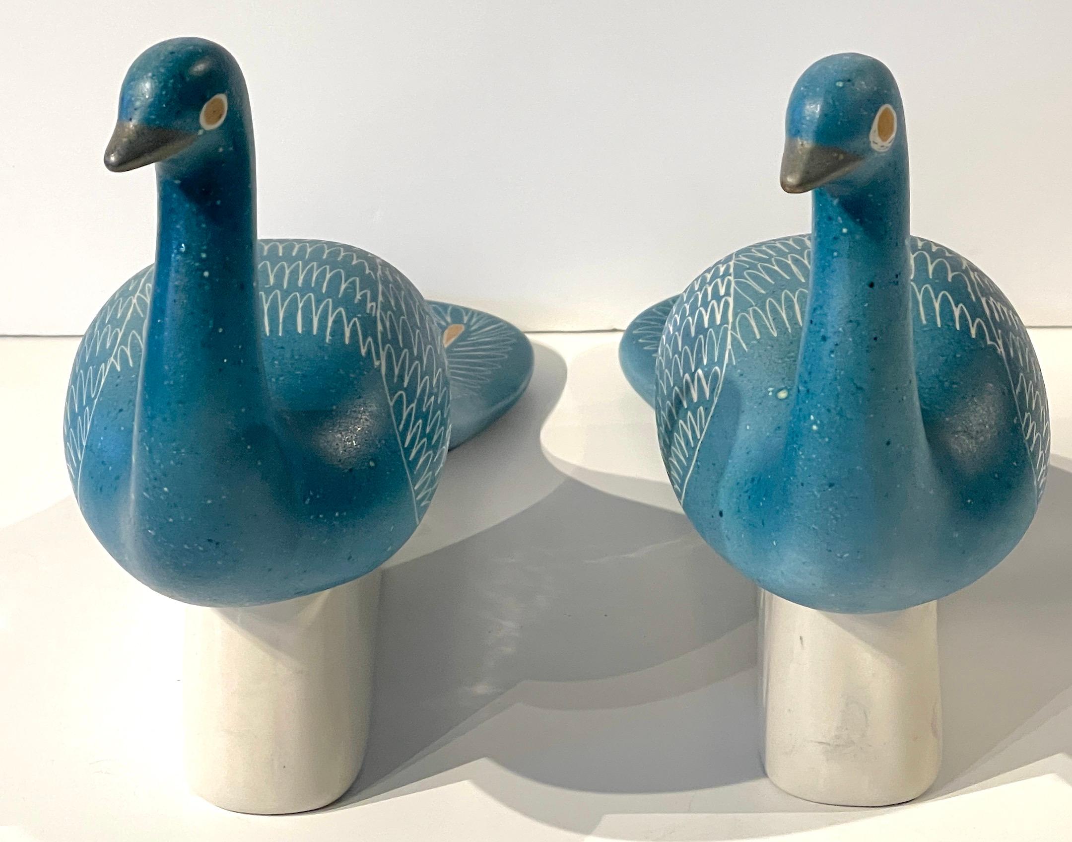 Enameled Pair of Blue Peacocks Sculptures, by Waylande Gregory For Sale