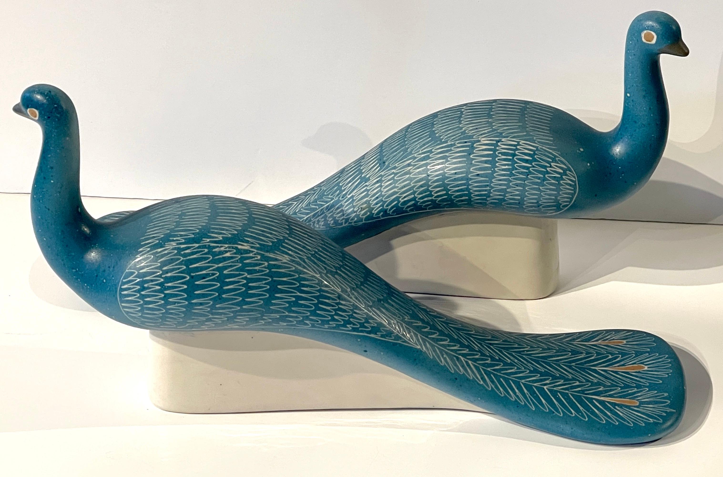 Pair of Blue Peacocks Sculptures, by Waylande Gregory In Good Condition For Sale In West Palm Beach, FL