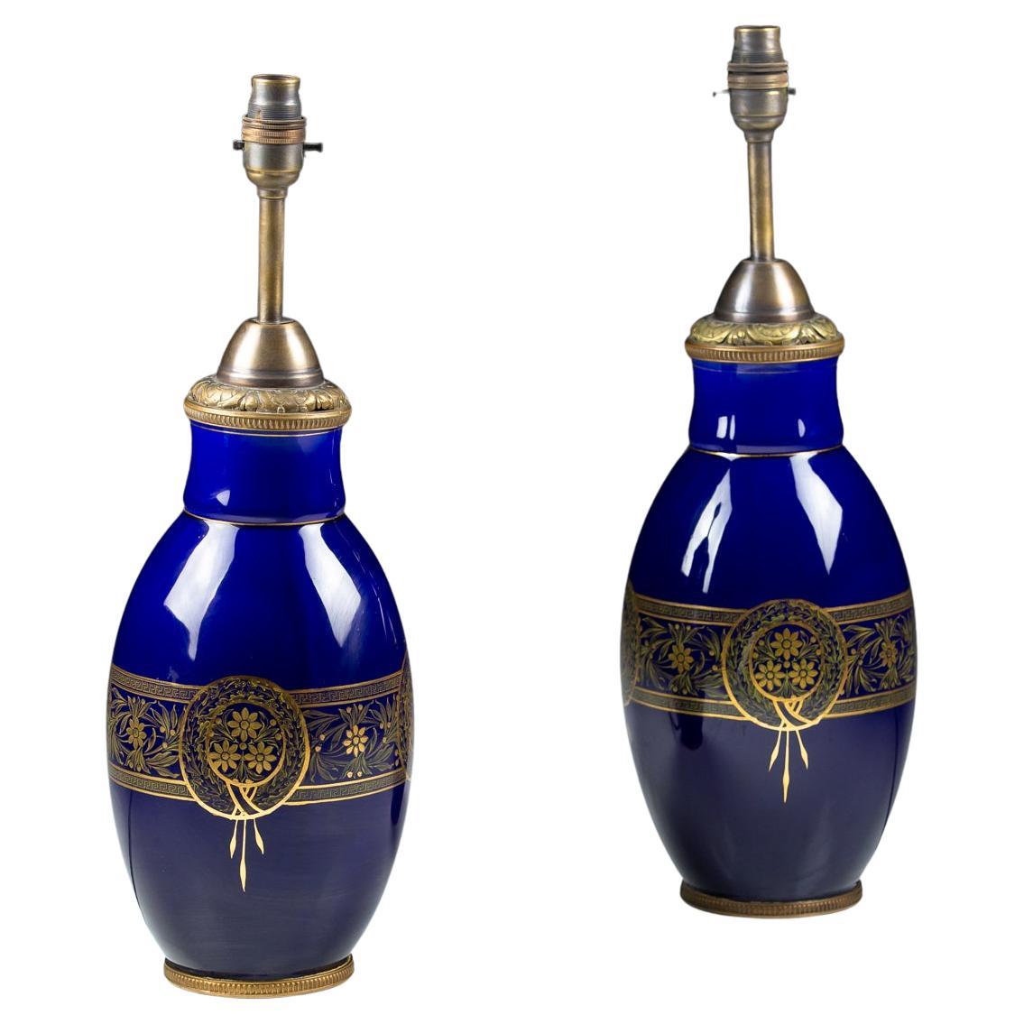 Pair of Blue Porcelain Brass Mounted Vase as Lamps