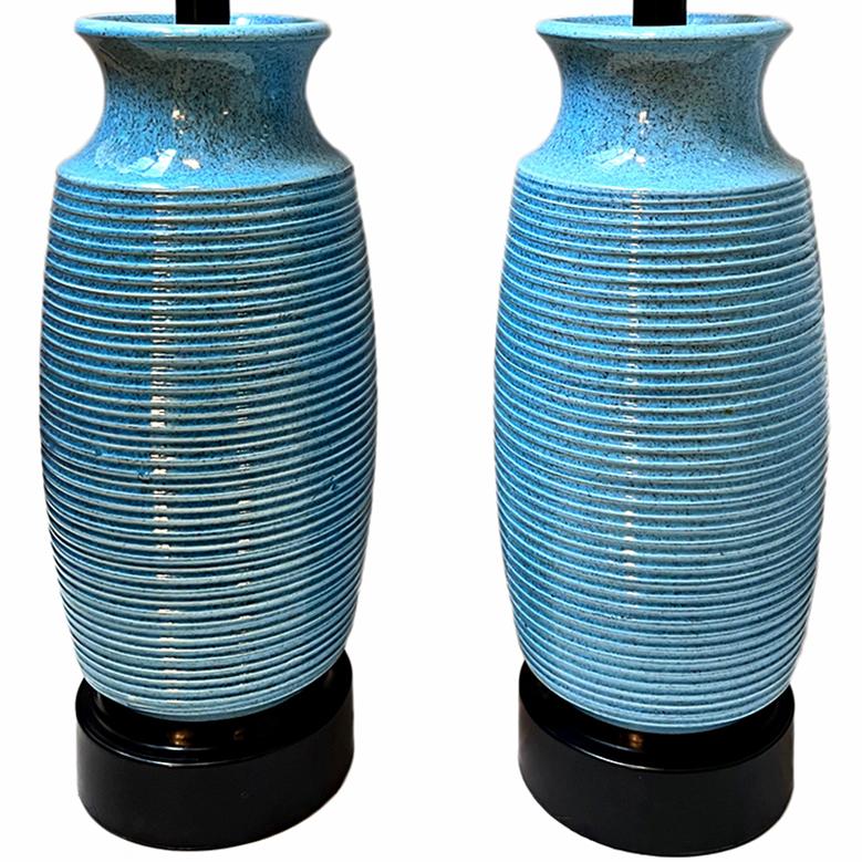 Italian Pair of Blue Porcelain Lamps For Sale