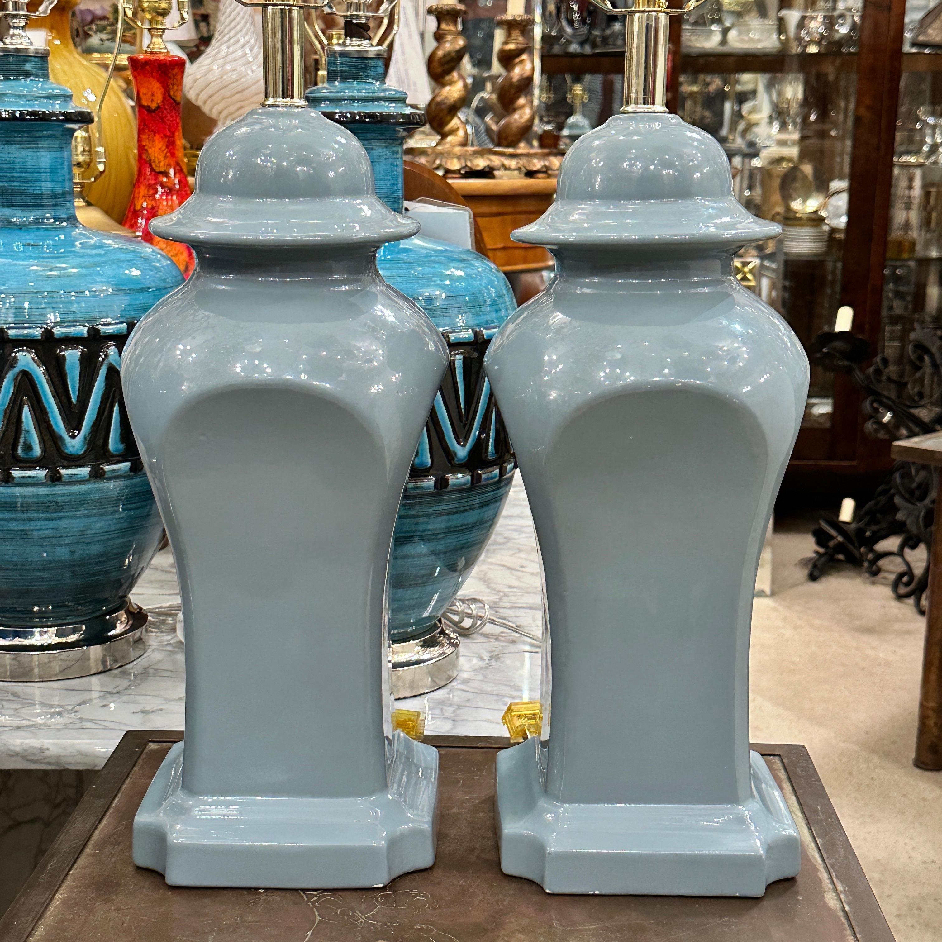 Late 20th Century Pair of Blue Porcelain Lamps  For Sale