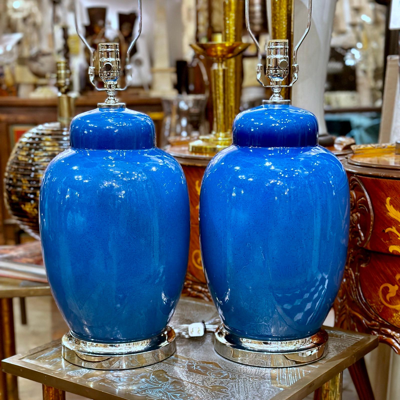 Pair of Blue Porcelain Lamps For Sale 2