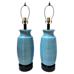Retro Pair of Blue Porcelain Lamps