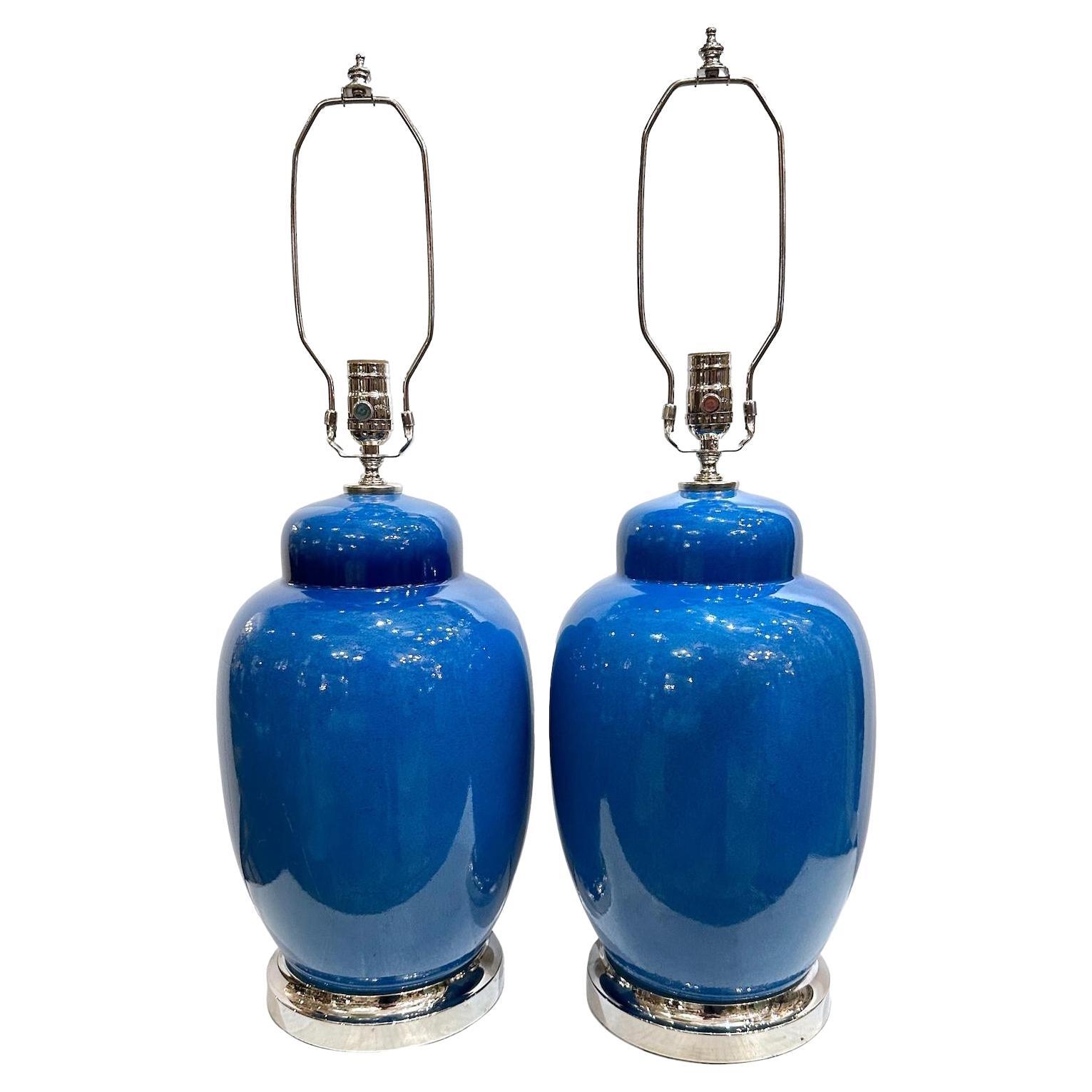 Pair of Blue Porcelain Lamps For Sale