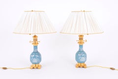 Pair of Blue Porcelain Lamps with a White Enameled Decor, circa 1880