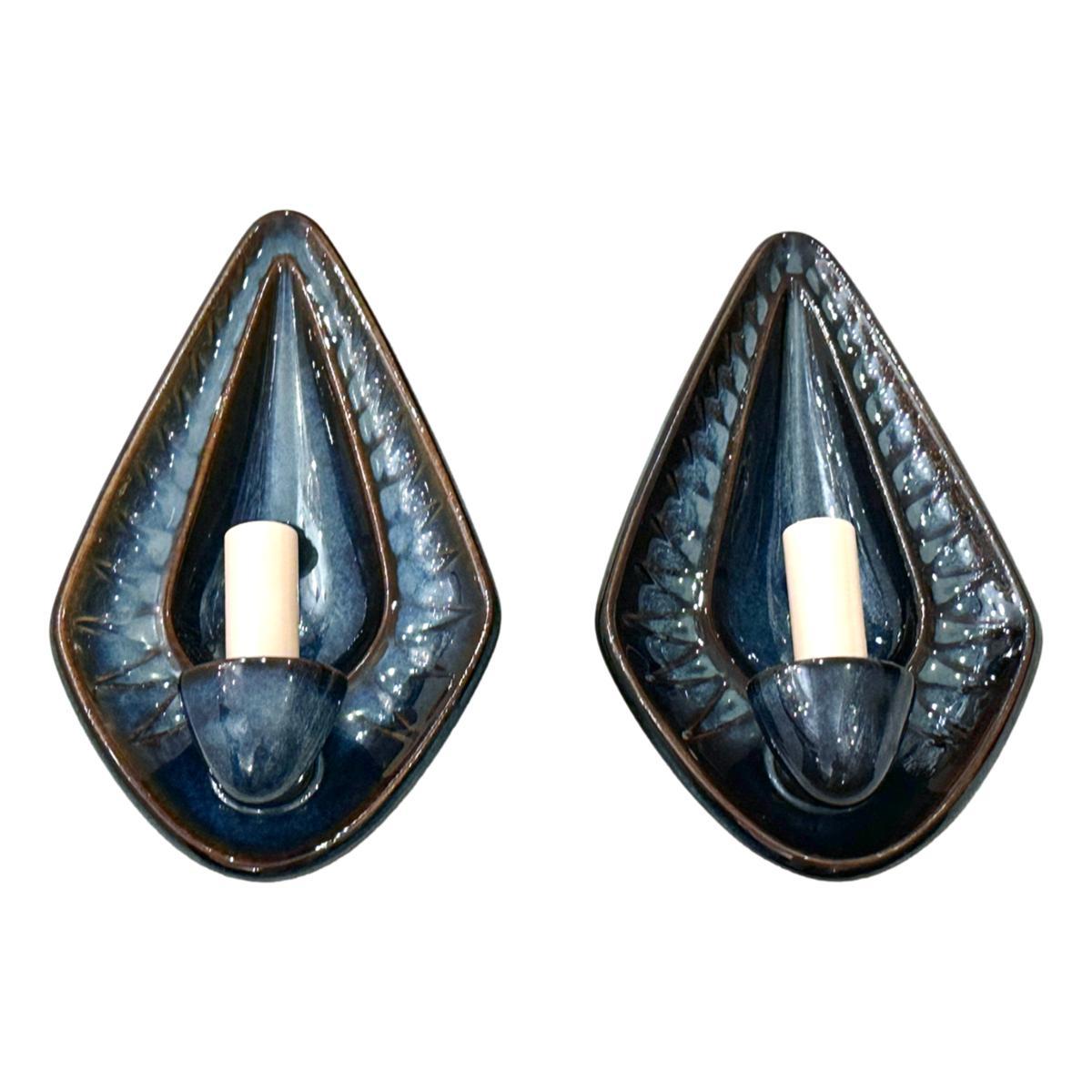 Mid-20th Century Pair of Blue Porcelain Sconces