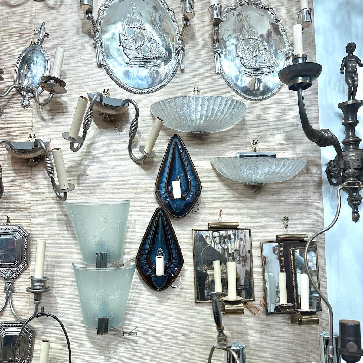 Ceramic Pair of Blue Porcelain Sconces
