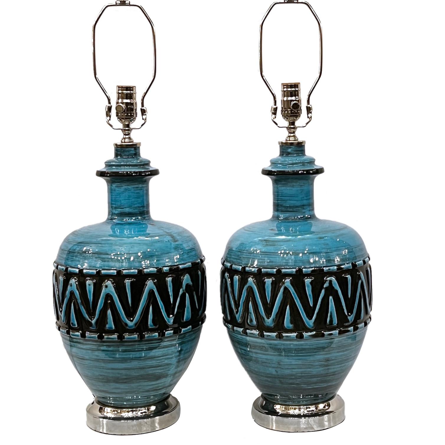 Pair of 1960's Italian blue and black porcelain table lamps. 

Measurements:
Height of body: 19