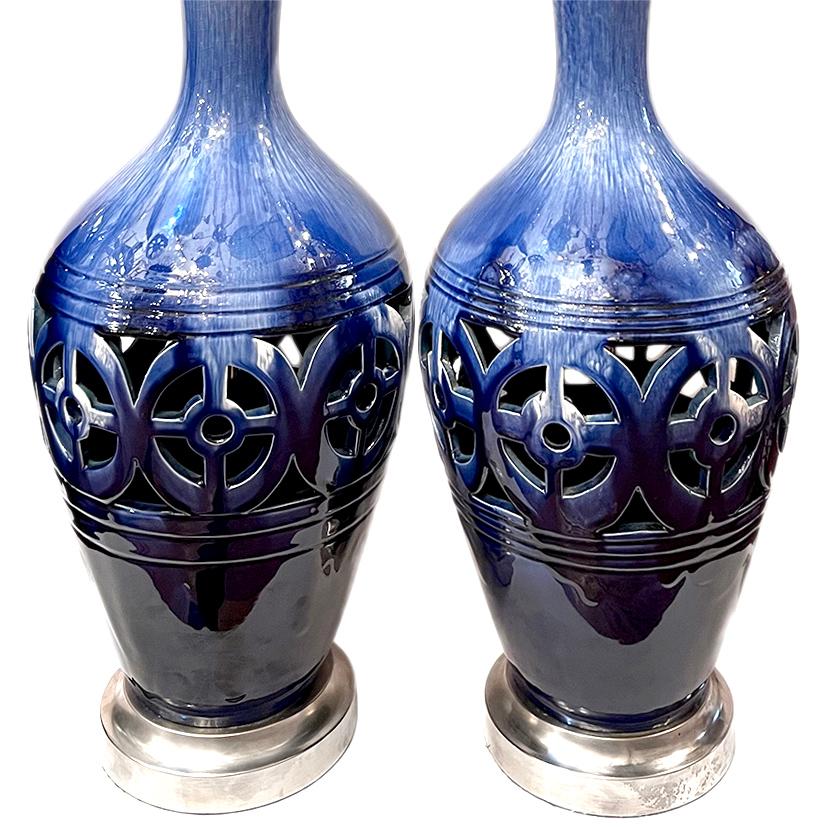 Italian Pair of Blue Porcelain Table Lamps For Sale
