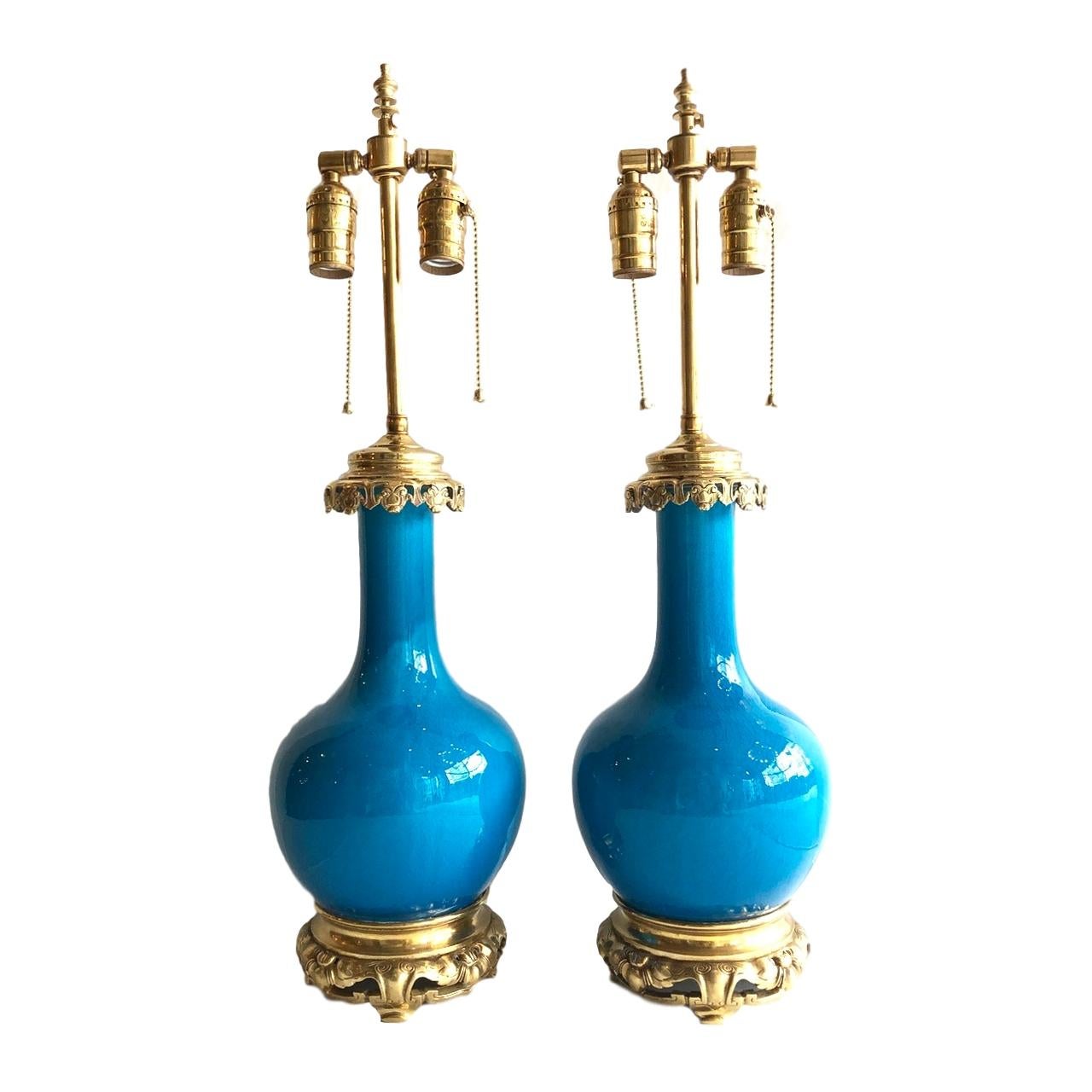 Mid-20th Century Pair of Blue Porcelain Table Lamps For Sale