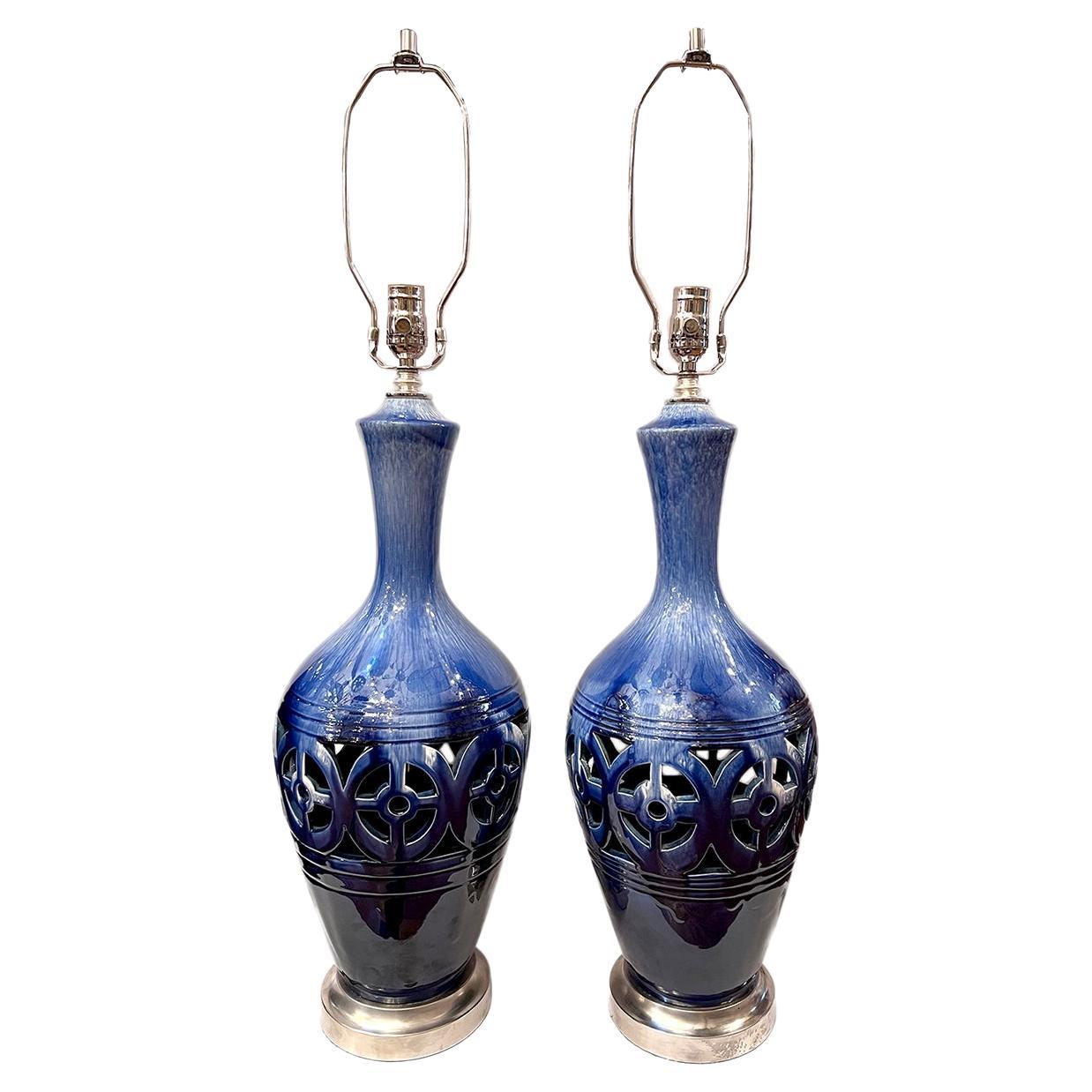 Pair of Blue Porcelain Table Lamps For Sale