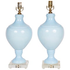 Pair of Blue Porcelain Urn Lamps on Lucite Bases