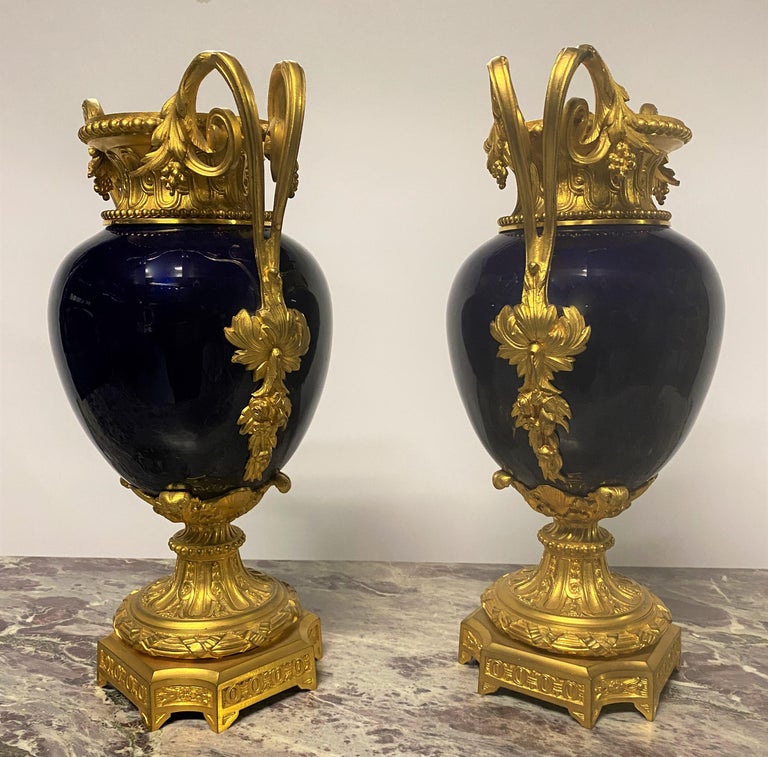 Pair of Blue Porcelain Vases from the Late 19th Century, with Gilt