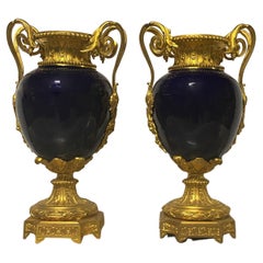 Antique Pair of Blue Porcelain Vases from the Late 19th Century, with Gilt Bronze Mounts