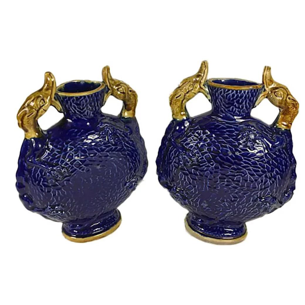 Late 19th Century Pair of Blue Porcelain Vases with Dolphin Handles For Sale