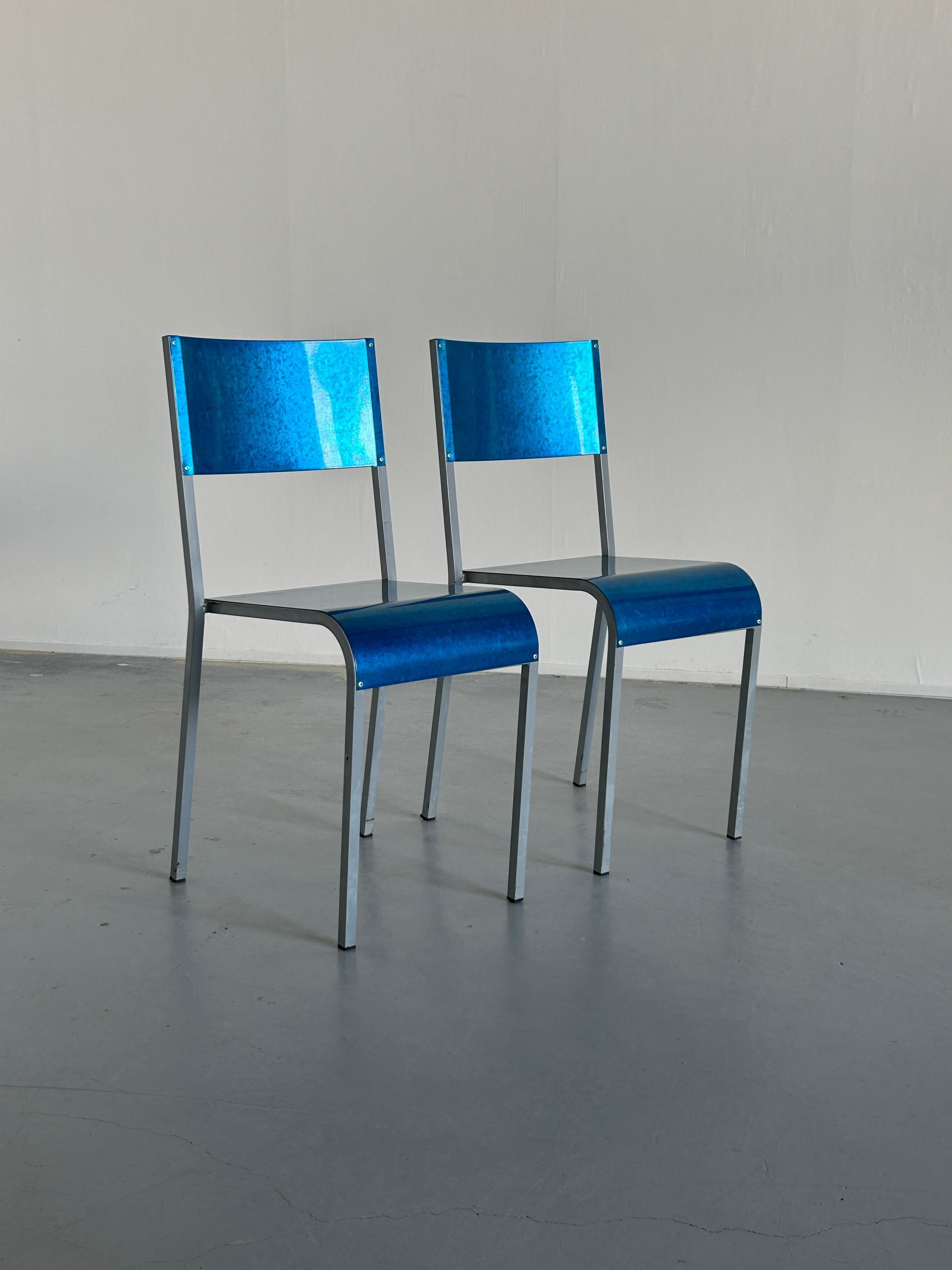 Post-Modern Pair of Blue Postmodern Industrial Metal Dining Chairs by Parisotto, 1980s Italy For Sale