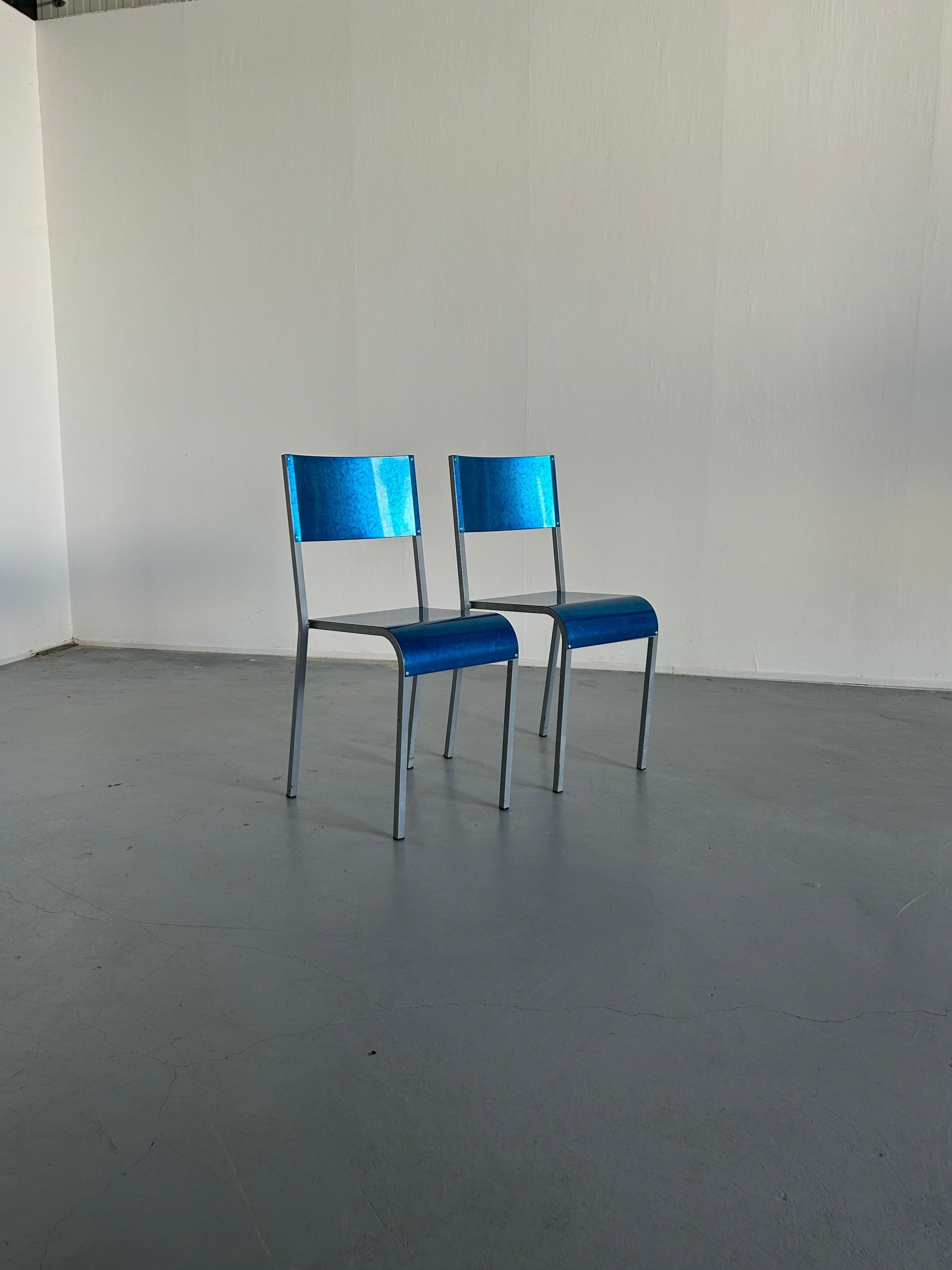Italian Pair of Blue Postmodern Industrial Metal Dining Chairs by Parisotto, 1980s Italy For Sale