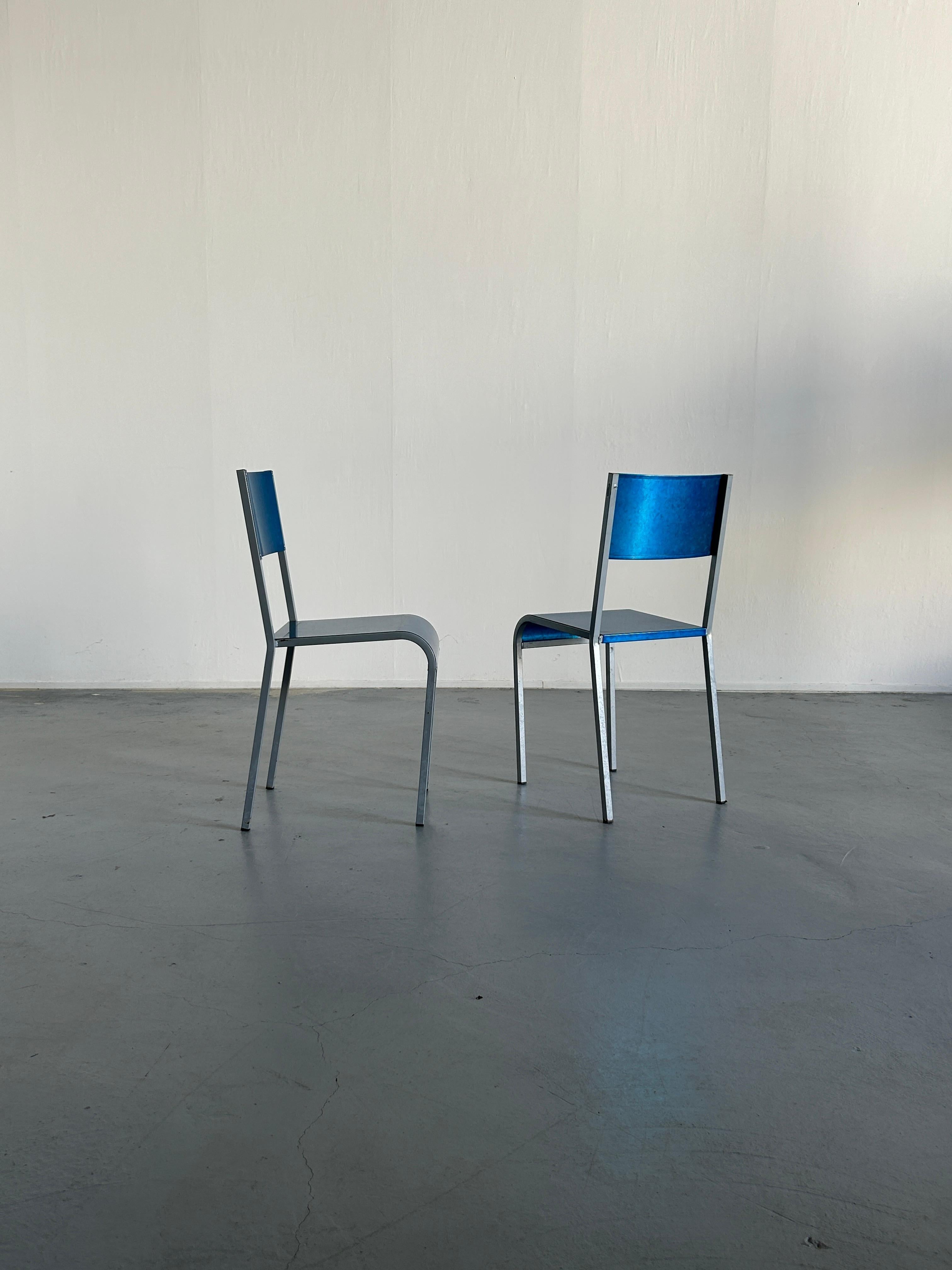 Late 20th Century Pair of Blue Postmodern Industrial Metal Dining Chairs by Parisotto, 1980s Italy For Sale
