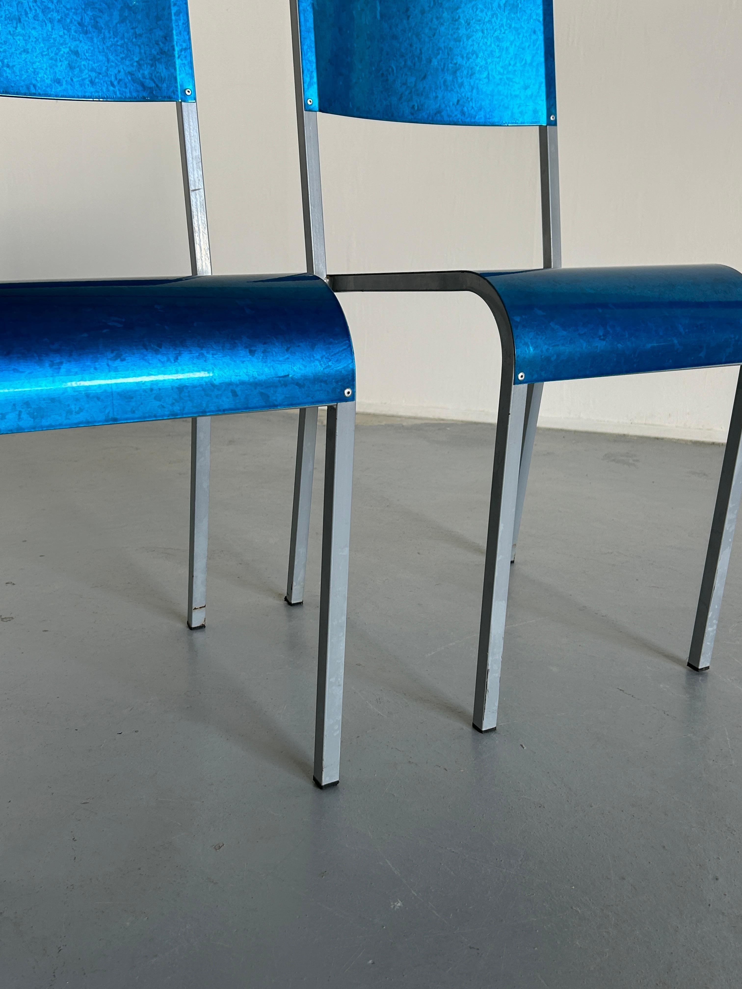 Pair of Blue Postmodern Industrial Metal Dining Chairs by Parisotto, 1980s Italy For Sale 2
